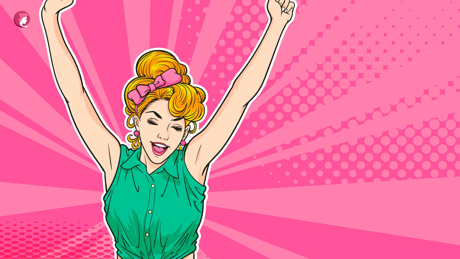 Ilustración de una mujer feliz con los brazos en alto, estilo cómic.