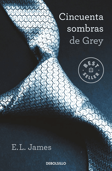 Cubierta de Cincuenta sombras de Grey, de E. L. James: una corbata gris anudada sobre fondo azul oscuro