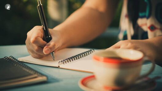 Manos de mujer escribiendo frases de autoestima en un cuaderno junto a una taza de café